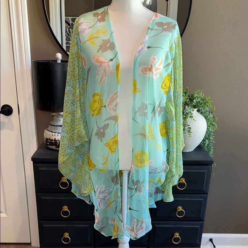 Fairycore Etheral Aqua & Yellow Floral Sheer Kimono OS